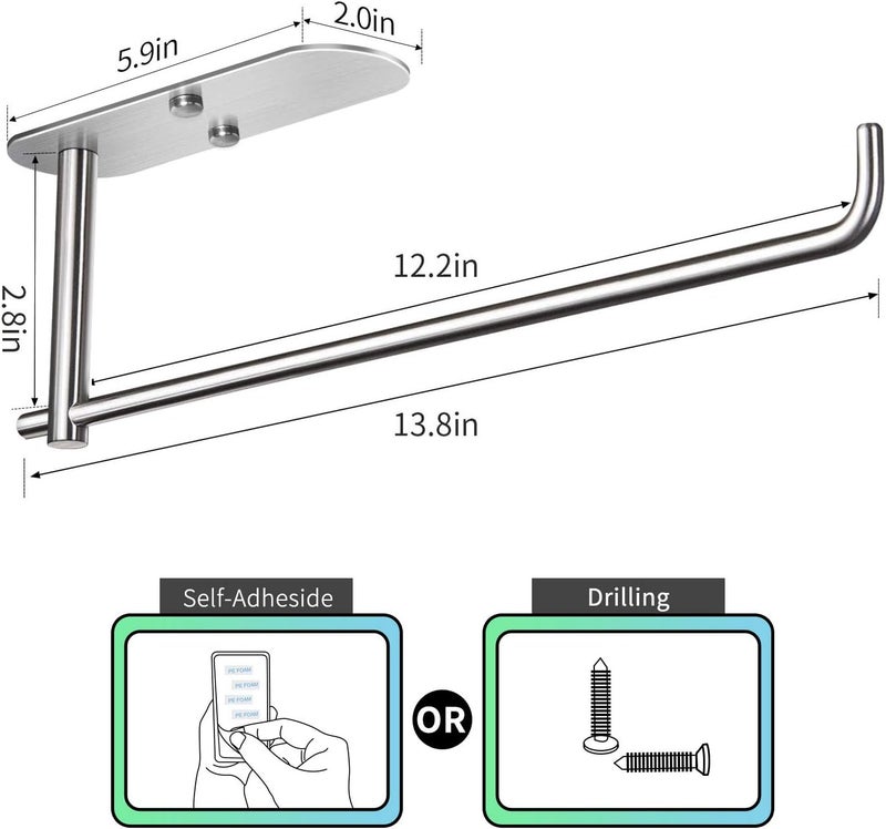 VAEHOLD Self Adhesive Paper Towel Holder Under Cabinet Mount, Wall Mounted Paper Towel Roll Holder for Kitchen, Bathroom, Wall - SUS304 Stainless Steel (Silver) - Image 3